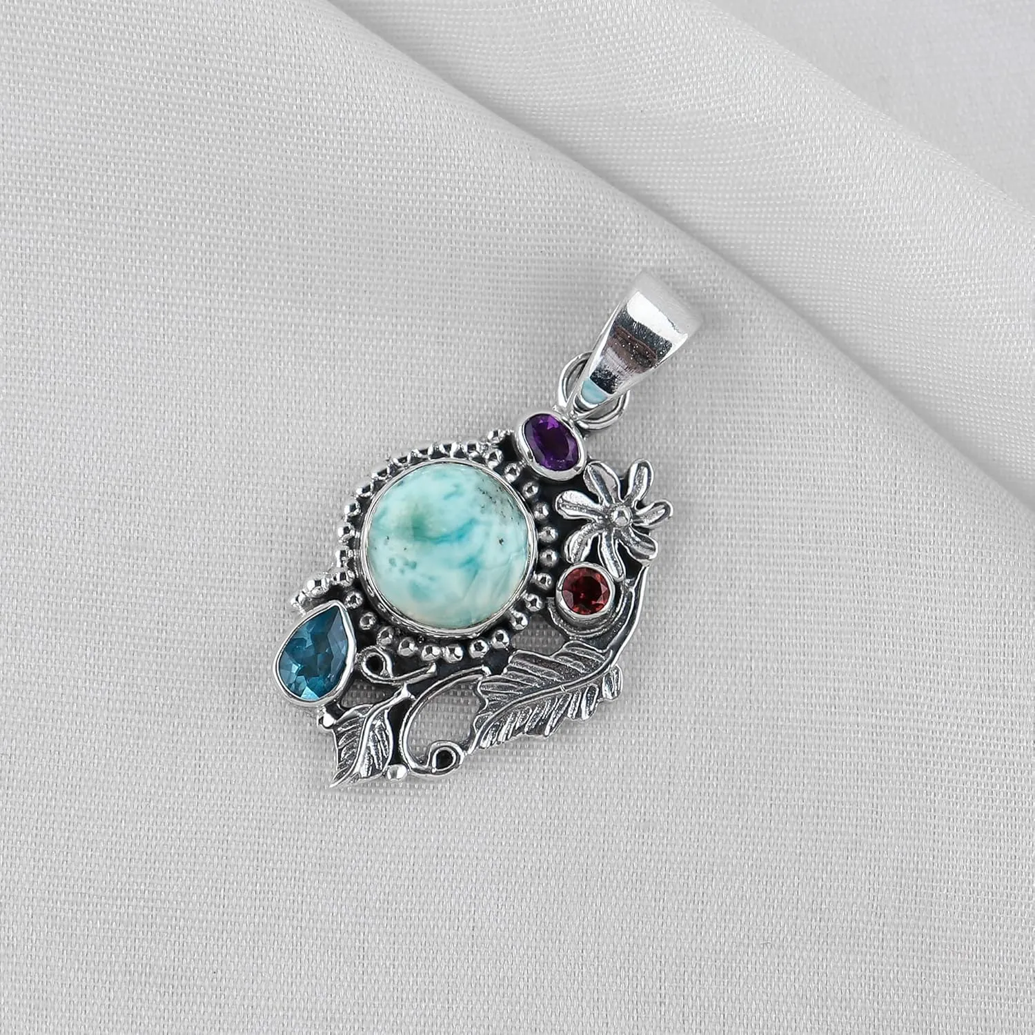 Natural Larimar Amethyst Topaz Gemstone Pendants - 925 Sterling Silver Oxidized Pendant - Minimalist - Bohemian - Pendant for Necklace - Handmade - Statement Jewelry - Women Gifts