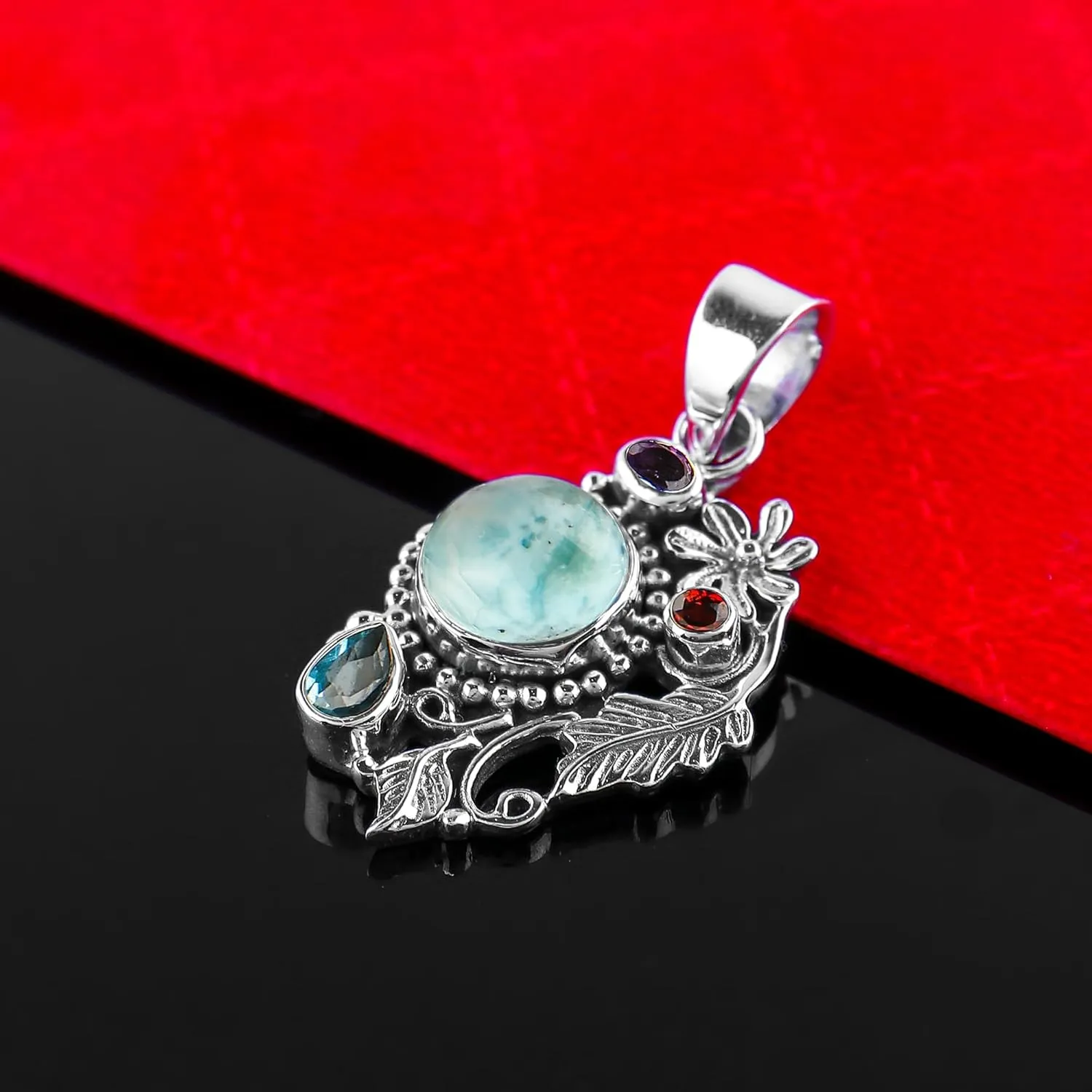 Natural Larimar Amethyst Topaz Gemstone Pendants - 925 Sterling Silver Oxidized Pendant - Minimalist - Bohemian - Pendant for Necklace - Handmade - Statement Jewelry - Women Gifts