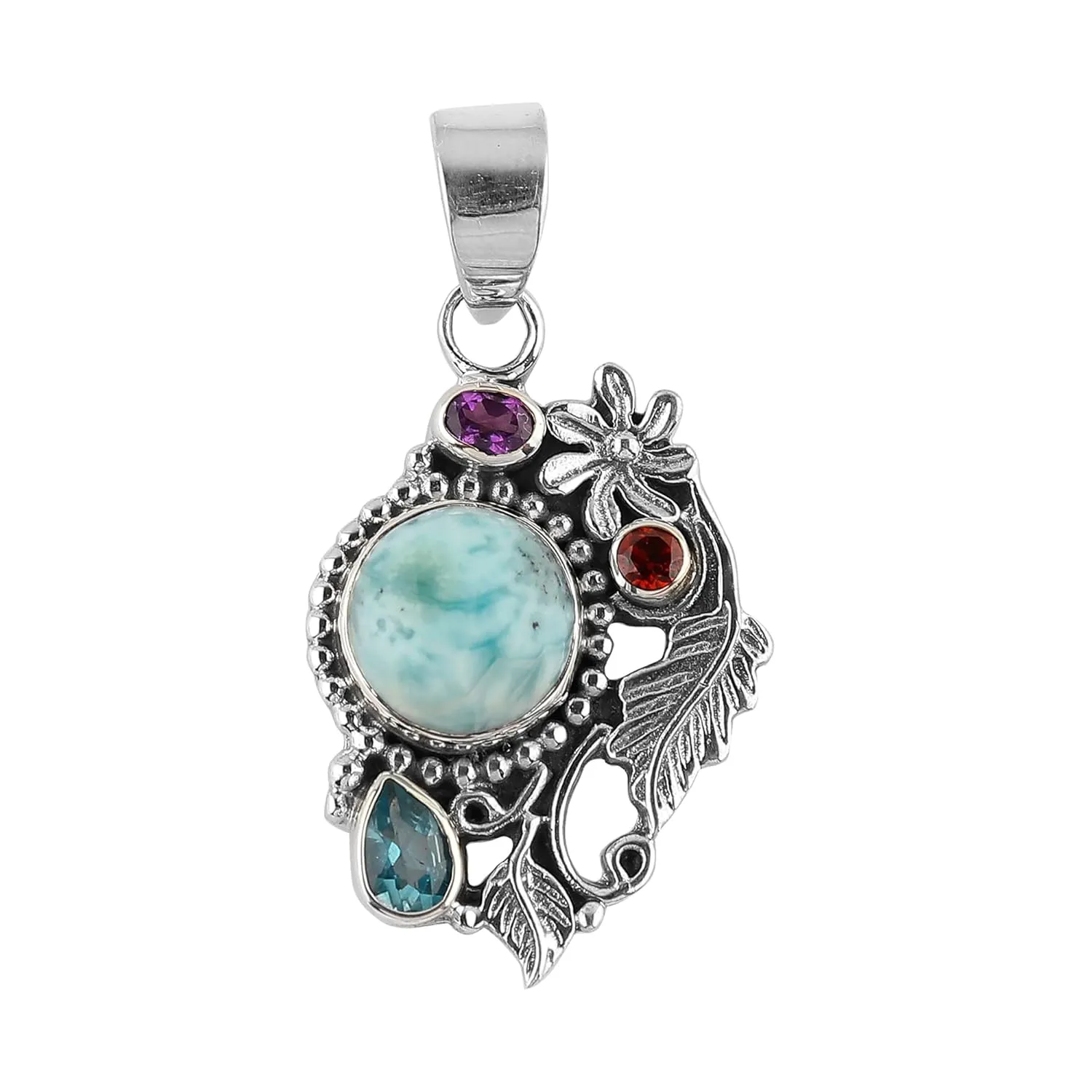 Natural Larimar Amethyst Topaz Gemstone Pendants - 925 Sterling Silver Oxidized Pendant - Minimalist - Bohemian - Pendant for Necklace - Handmade - Statement Jewelry - Women Gifts