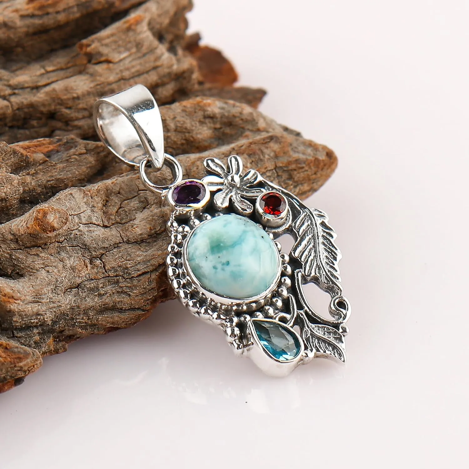 Natural Larimar Amethyst Topaz Gemstone Pendants - 925 Sterling Silver Oxidized Pendant - Minimalist - Bohemian - Pendant for Necklace - Handmade - Statement Jewelry - Women Gifts
