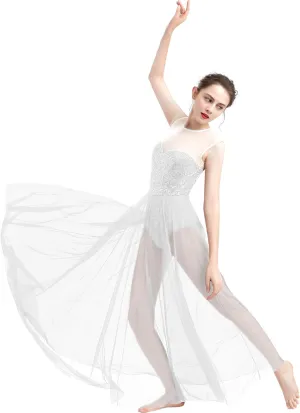 ODASDO Women Lyrical Dance Dress Modern Contemporary Dancewear Costume Sequins Tank Leotard Tulle Maxi Overlay Dress