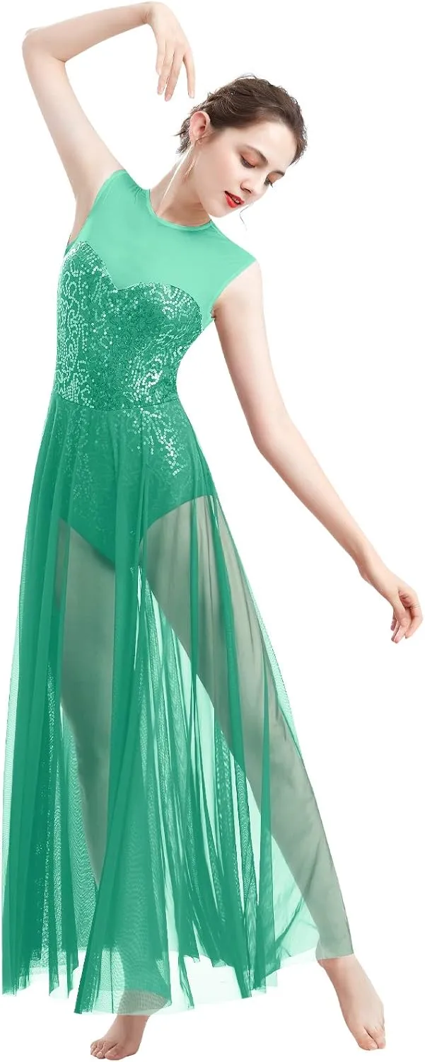 ODASDO Women Lyrical Dance Dress Modern Contemporary Dancewear Costume Sequins Tank Leotard Tulle Maxi Overlay Dress