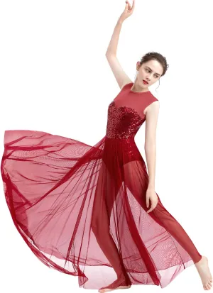 ODASDO Women Lyrical Dance Dress Modern Contemporary Dancewear Costume Sequins Tank Leotard Tulle Maxi Overlay Dress