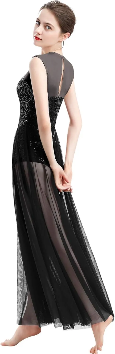 ODASDO Women Lyrical Dance Dress Modern Contemporary Dancewear Costume Sequins Tank Leotard Tulle Maxi Overlay Dress