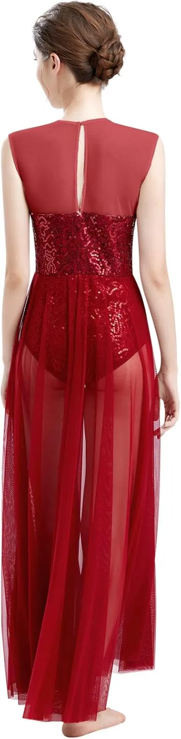 ODASDO Women Lyrical Dance Dress Modern Contemporary Dancewear Costume Sequins Tank Leotard Tulle Maxi Overlay Dress