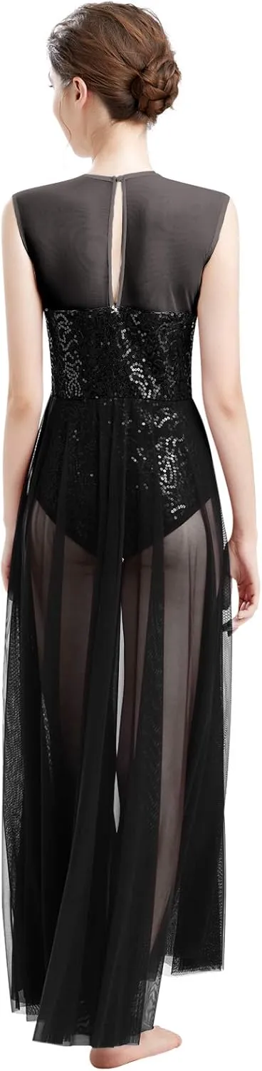ODASDO Women Lyrical Dance Dress Modern Contemporary Dancewear Costume Sequins Tank Leotard Tulle Maxi Overlay Dress