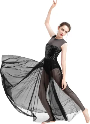 ODASDO Women Lyrical Dance Dress Modern Contemporary Dancewear Costume Sequins Tank Leotard Tulle Maxi Overlay Dress