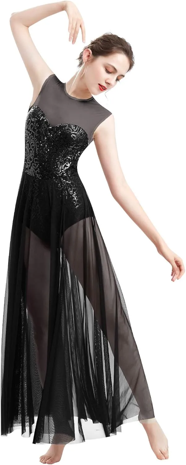 ODASDO Women Lyrical Dance Dress Modern Contemporary Dancewear Costume Sequins Tank Leotard Tulle Maxi Overlay Dress