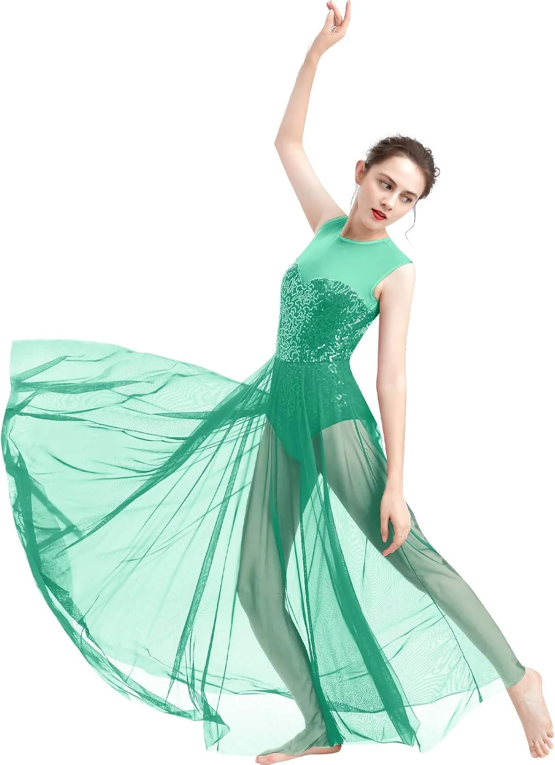 ODASDO Women Lyrical Dance Dress Modern Contemporary Dancewear Costume Sequins Tank Leotard Tulle Maxi Overlay Dress