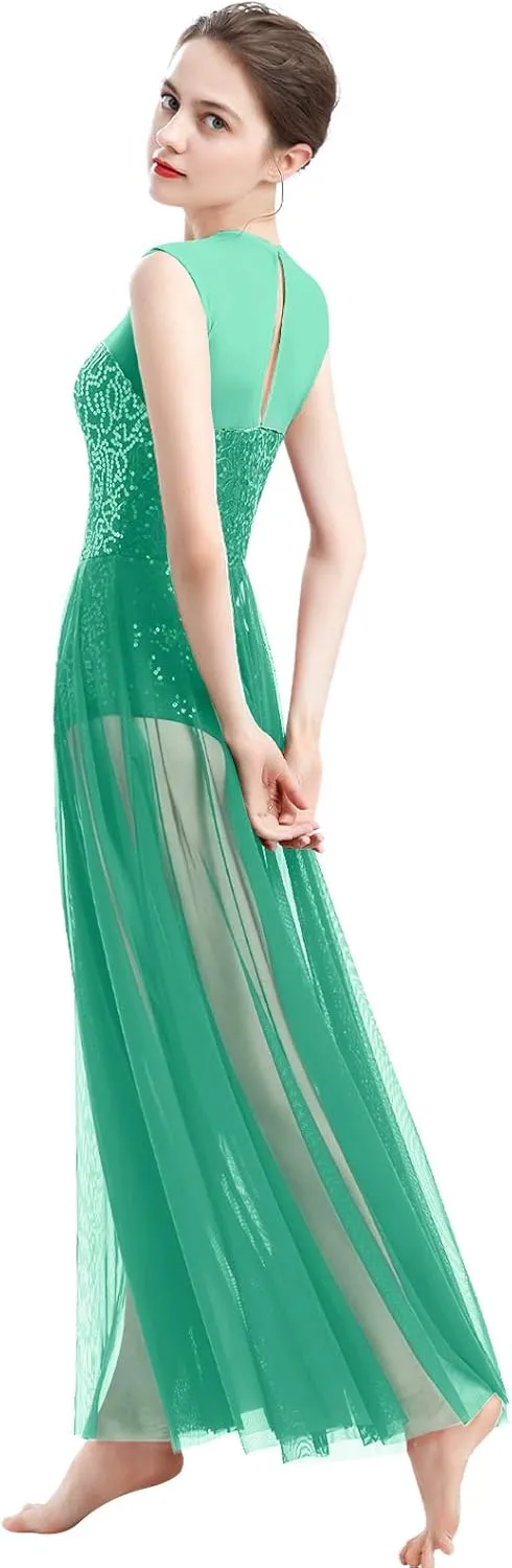ODASDO Women Lyrical Dance Dress Modern Contemporary Dancewear Costume Sequins Tank Leotard Tulle Maxi Overlay Dress