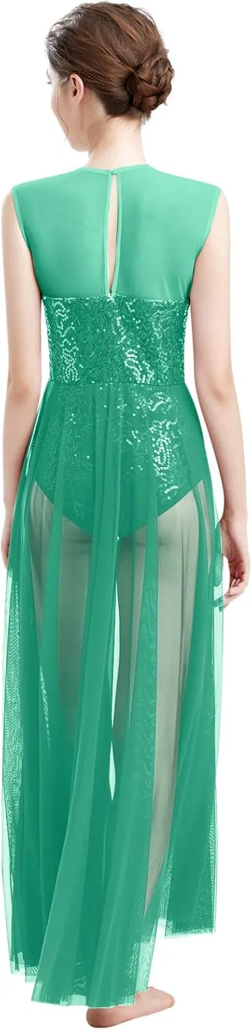 ODASDO Women Lyrical Dance Dress Modern Contemporary Dancewear Costume Sequins Tank Leotard Tulle Maxi Overlay Dress