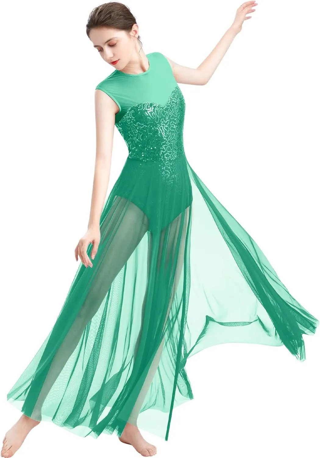 ODASDO Women Lyrical Dance Dress Modern Contemporary Dancewear Costume Sequins Tank Leotard Tulle Maxi Overlay Dress