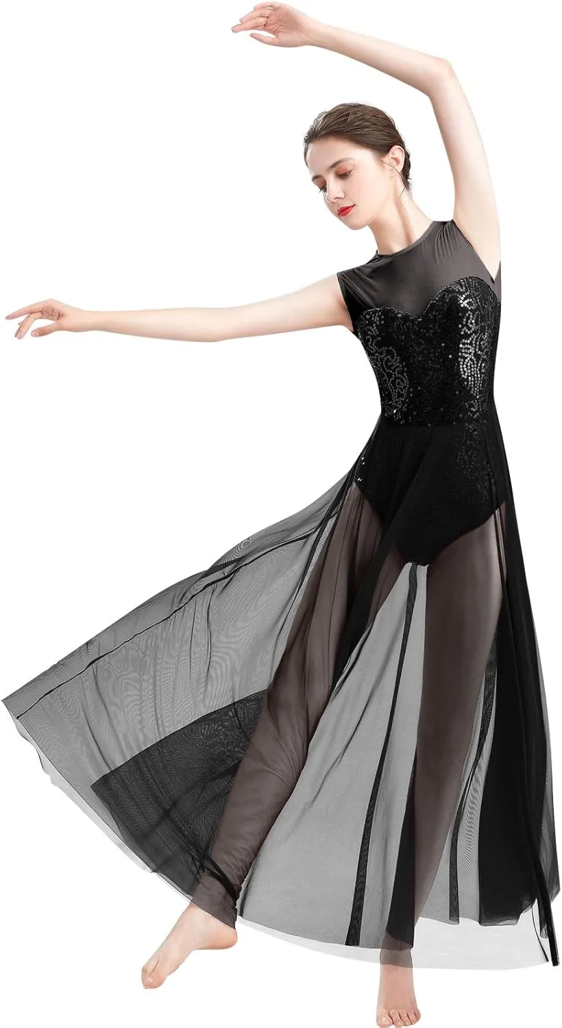 ODASDO Women Lyrical Dance Dress Modern Contemporary Dancewear Costume Sequins Tank Leotard Tulle Maxi Overlay Dress