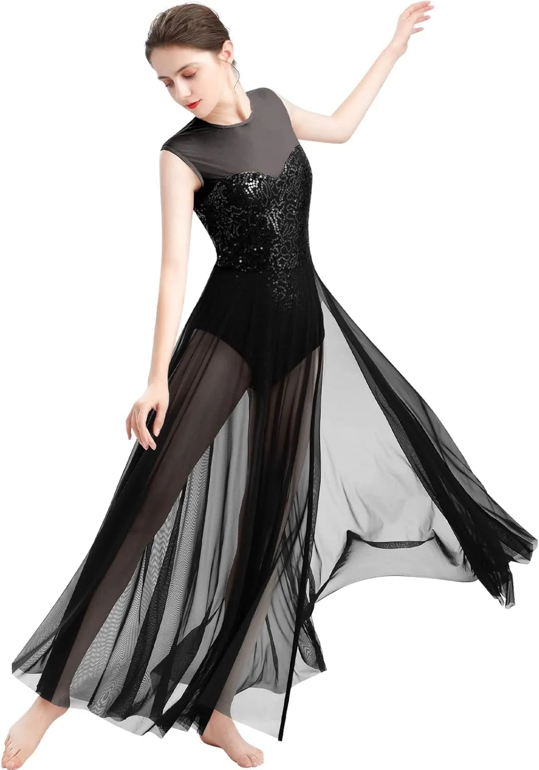 ODASDO Women Lyrical Dance Dress Modern Contemporary Dancewear Costume Sequins Tank Leotard Tulle Maxi Overlay Dress