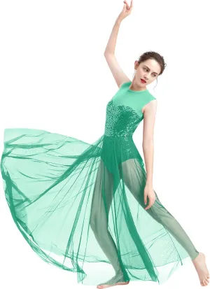 ODASDO Women Lyrical Dance Dress Modern Contemporary Dancewear Costume Sequins Tank Leotard Tulle Maxi Overlay Dress