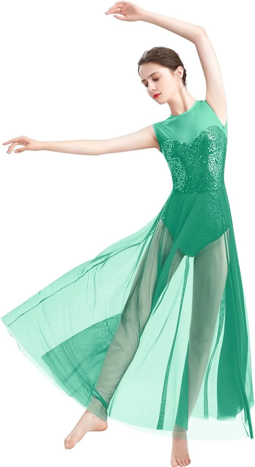 ODASDO Women Lyrical Dance Dress Modern Contemporary Dancewear Costume Sequins Tank Leotard Tulle Maxi Overlay Dress