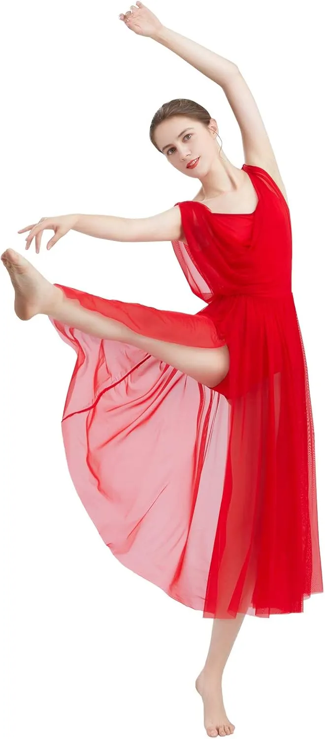 ODASDO Women Lyrical Modern Contemporary Dance Costume Leotard V-Neck Backless Split Tulle Skirt Flowy Overlay Dress