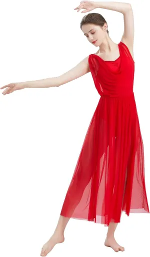 ODASDO Women Lyrical Modern Contemporary Dance Costume Leotard V-Neck Backless Split Tulle Skirt Flowy Overlay Dress