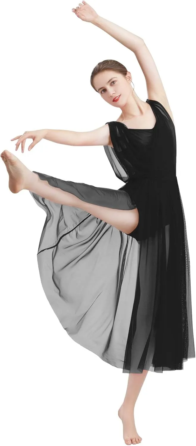 ODASDO Women Lyrical Modern Contemporary Dance Costume Leotard V-Neck Backless Split Tulle Skirt Flowy Overlay Dress