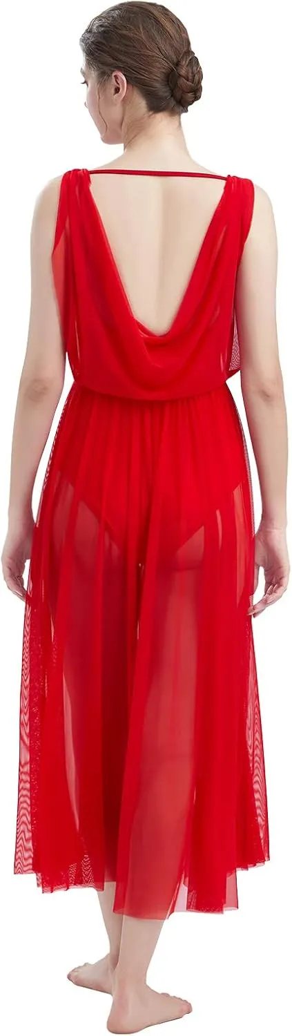 ODASDO Women Lyrical Modern Contemporary Dance Costume Leotard V-Neck Backless Split Tulle Skirt Flowy Overlay Dress