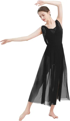ODASDO Women Lyrical Modern Contemporary Dance Costume Leotard V-Neck Backless Split Tulle Skirt Flowy Overlay Dress