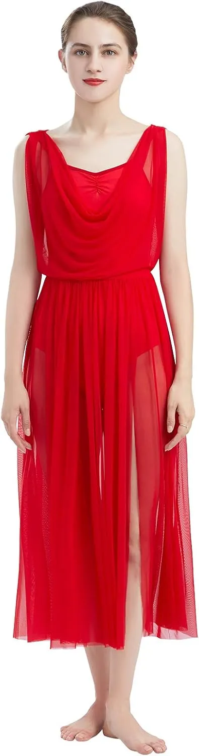 ODASDO Women Lyrical Modern Contemporary Dance Costume Leotard V-Neck Backless Split Tulle Skirt Flowy Overlay Dress
