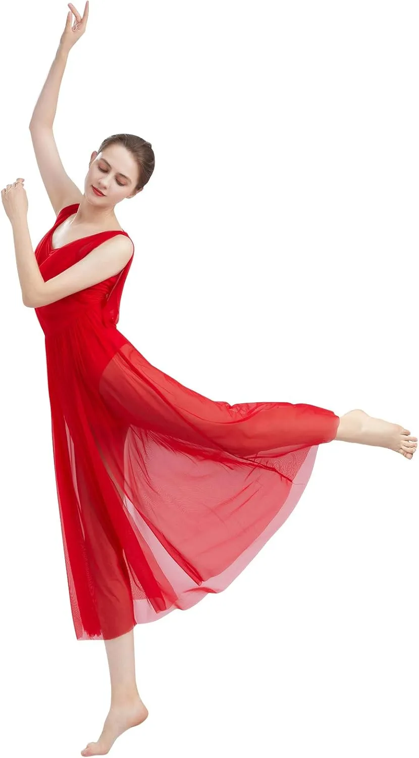 ODASDO Women Lyrical Modern Contemporary Dance Costume Leotard V-Neck Backless Split Tulle Skirt Flowy Overlay Dress