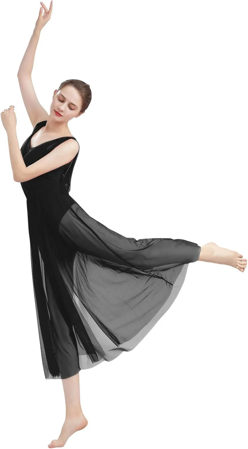 ODASDO Women Lyrical Modern Contemporary Dance Costume Leotard V-Neck Backless Split Tulle Skirt Flowy Overlay Dress