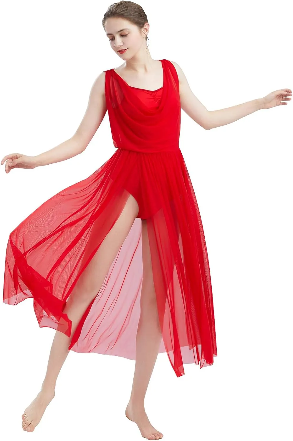 ODASDO Women Lyrical Modern Contemporary Dance Costume Leotard V-Neck Backless Split Tulle Skirt Flowy Overlay Dress