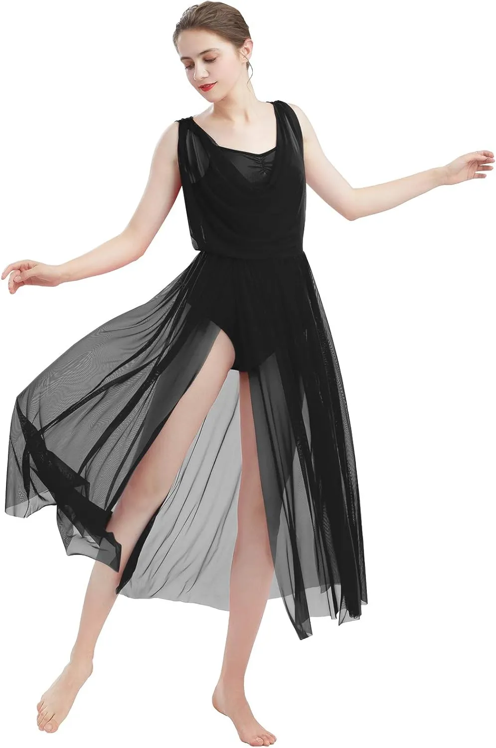 ODASDO Women Lyrical Modern Contemporary Dance Costume Leotard V-Neck Backless Split Tulle Skirt Flowy Overlay Dress