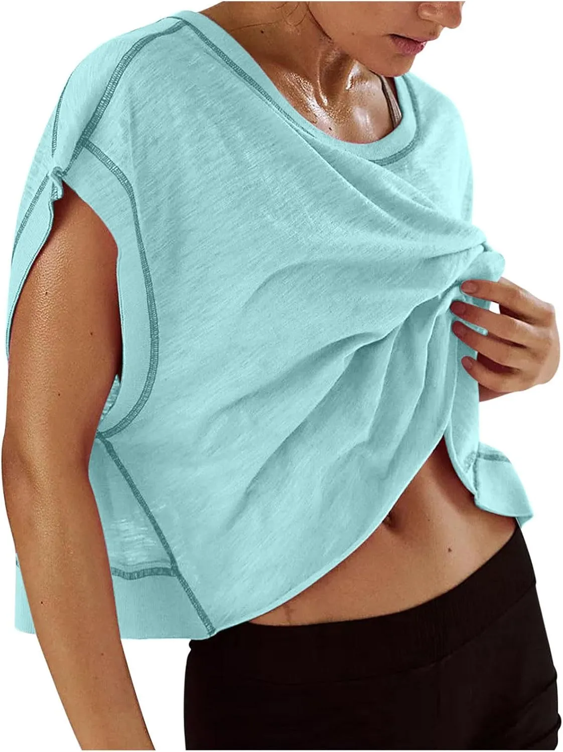 Open Back Tops for Women Backless Workout Short Sleeve Shirts Y2K Gym Yoga Athletic Tshirt Slouchy Crop Running Tees