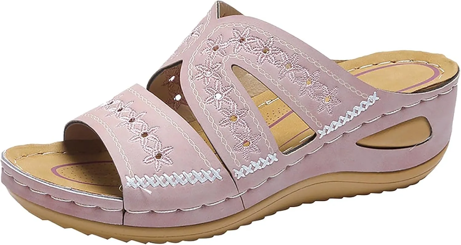 Orthopedic Sandals For Women 2025,Women's Arch Support Wedge Sandals Casual Platform Slip-On Open Toe Summer Womens Comfortable Dressy Beach Slippers Women Wide Width Walking Shoes for Daily Wear
