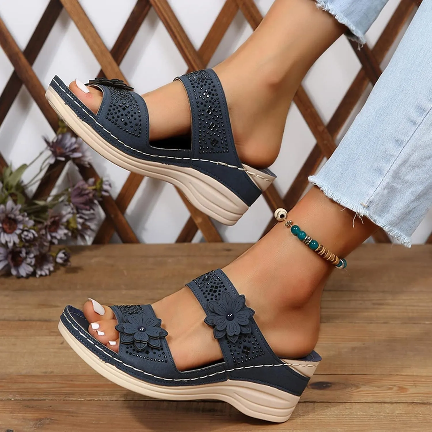 Orthopedic Sandals for Women Wedge Sandals Hollow Flowers Walking Sandals With Arch Support Dressy Summer Flat 2024