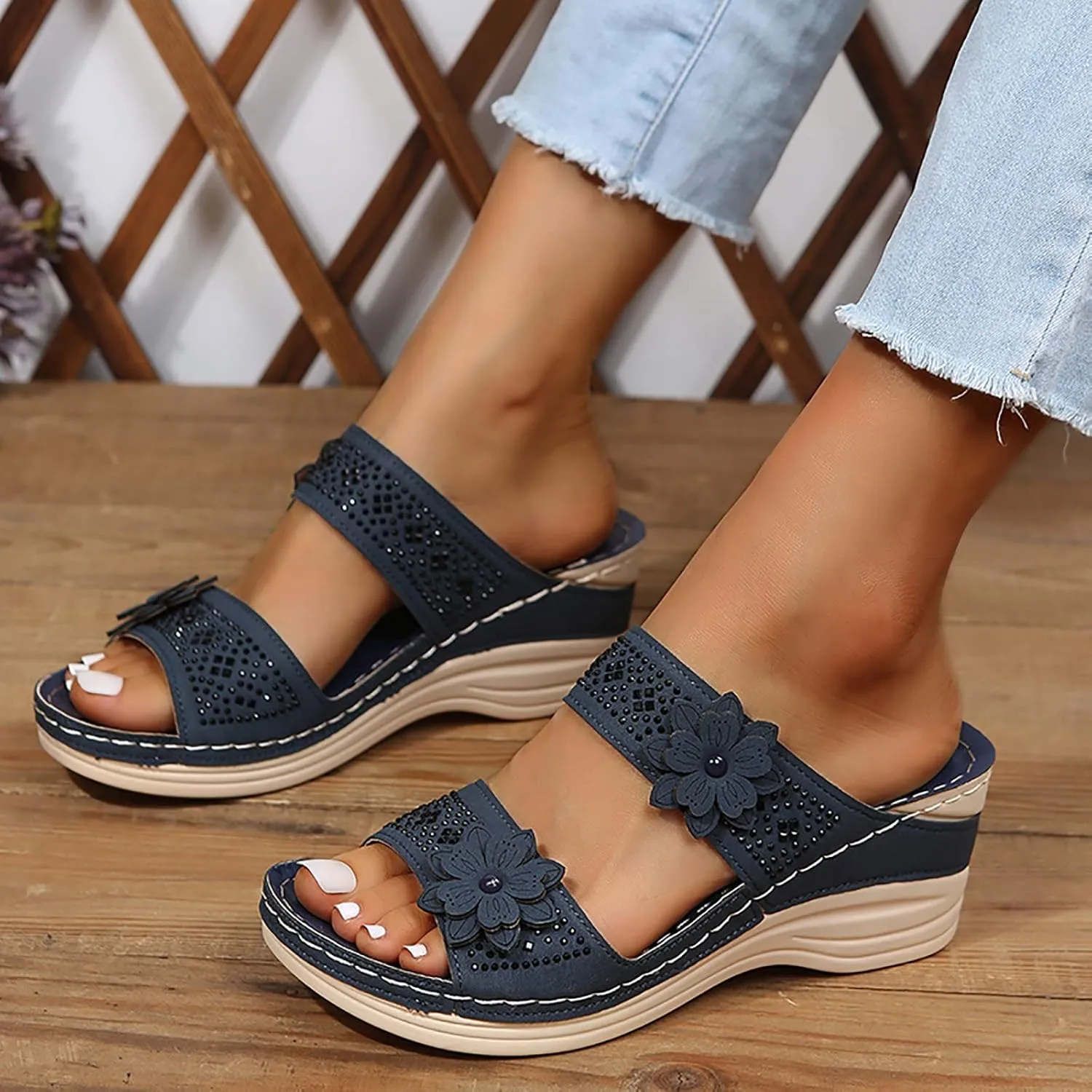 Orthopedic Sandals for Women Wedge Sandals Hollow Flowers Walking Sandals With Arch Support Dressy Summer Flat 2024