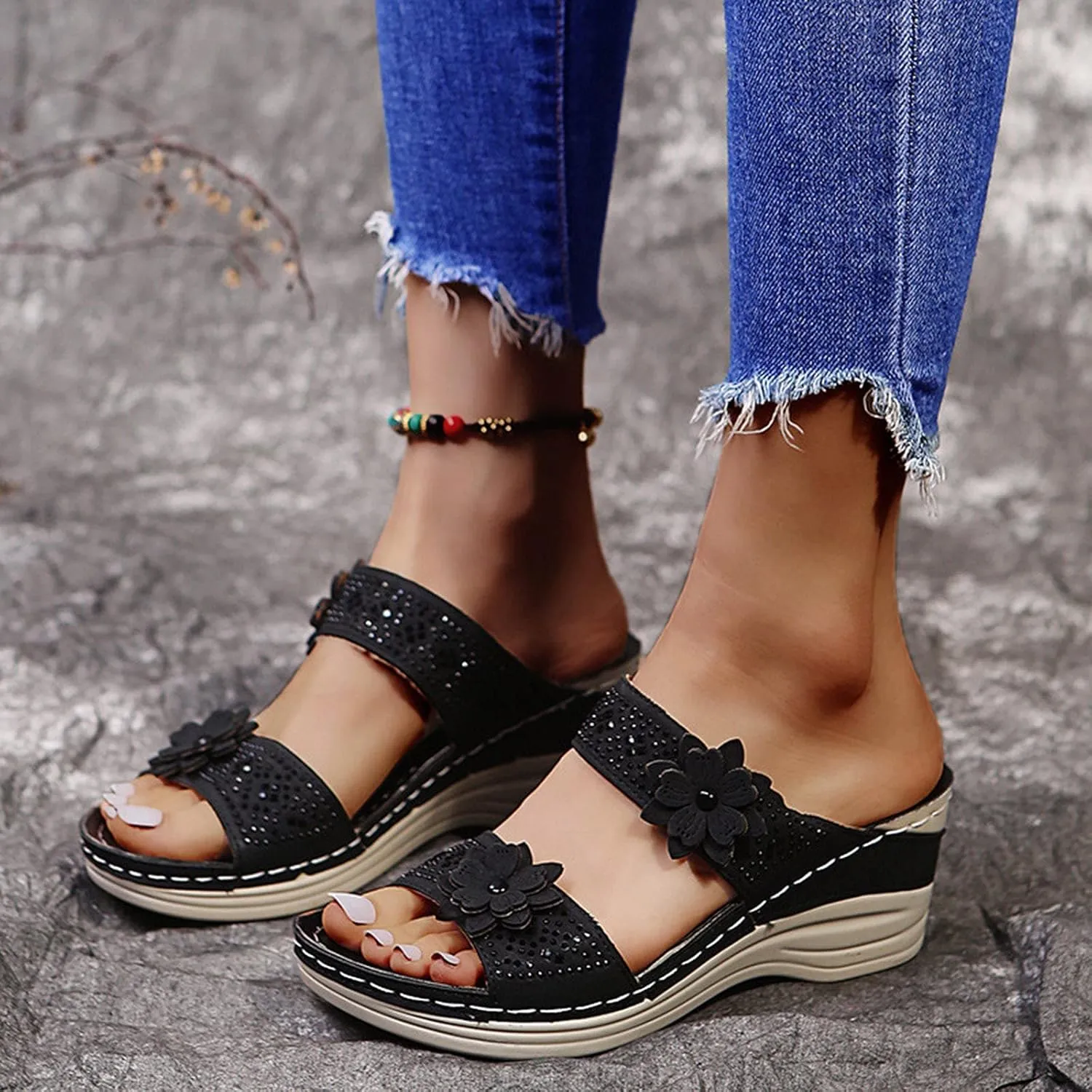 Orthopedic Slippers Women Indoor Wide Toe Box Shoes Women Orthopedic Slip On Dressy Wedges Dressy Sandals Women Comfortable Walking Shoes Women Arch Support Wide Women Platform Shoes