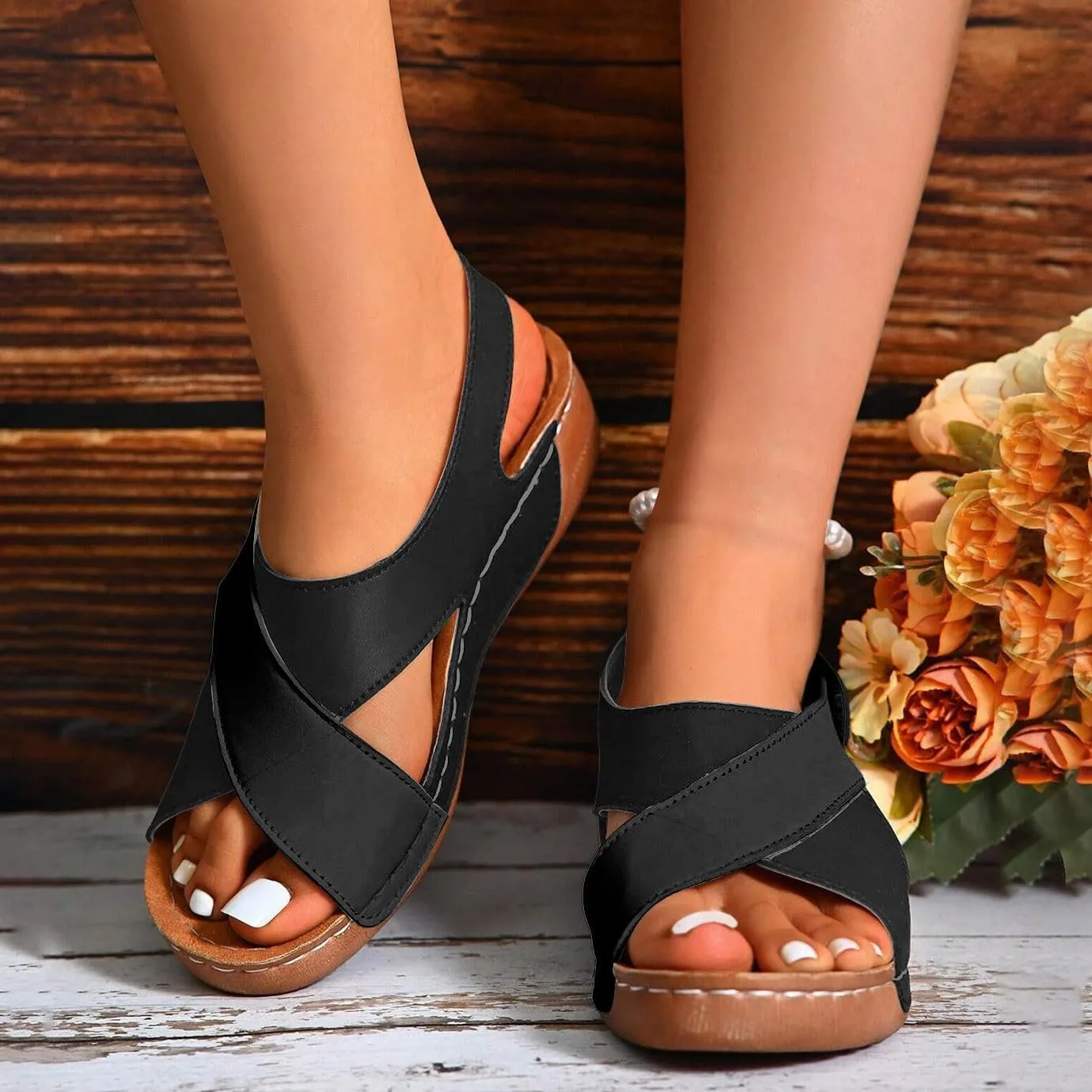 Orthopedic Walking Plantar Fasciitis Slides Sandals for Women Comfort Wedge Sandals Slip On Summer Vacation Sandals