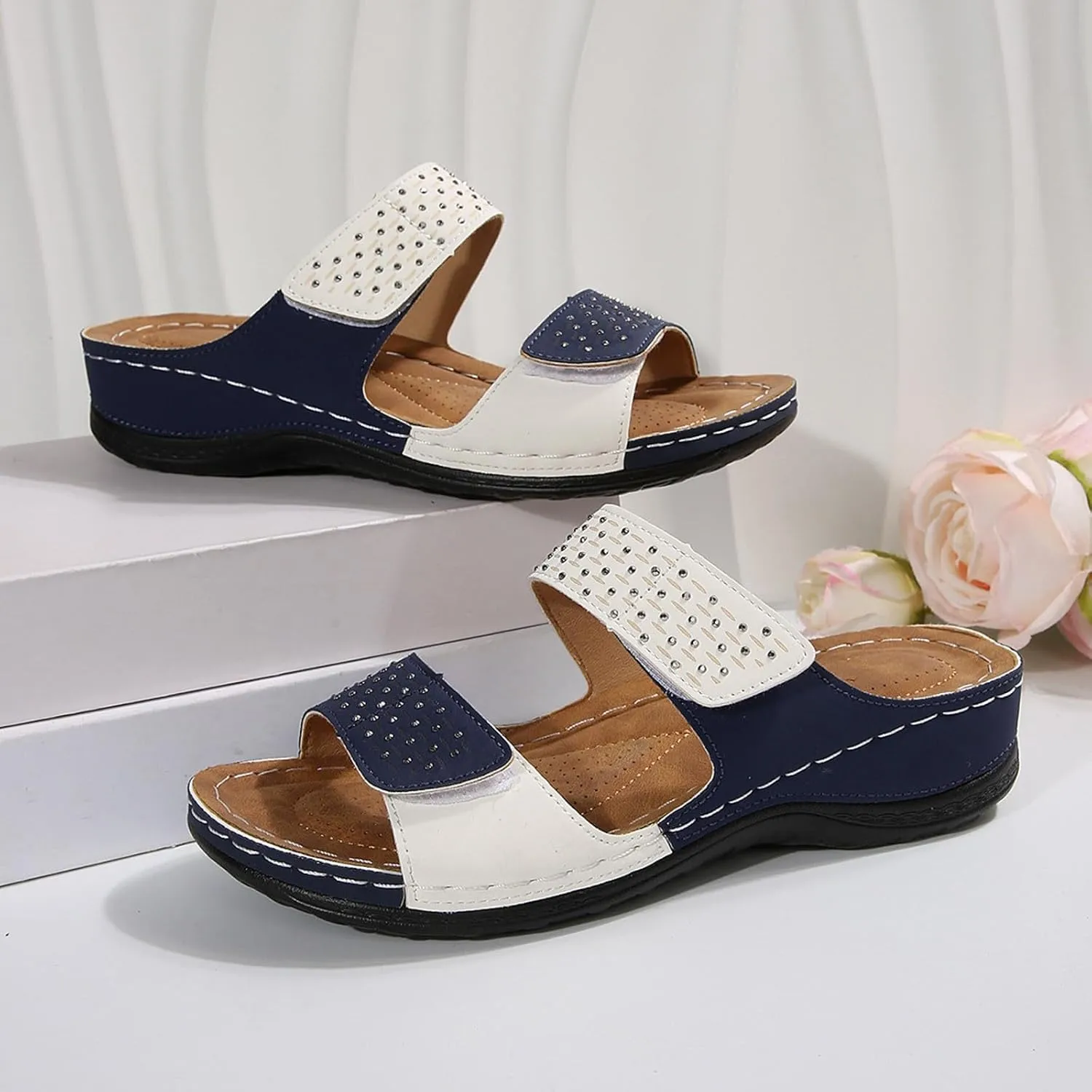 Orthopedic Wedge Sandals for Women Dressy Summer Comfortable Walking Open Toe Slip On Low Heel Flats Sandals with Arch Support Fishmouth Beach Orthotic Slippers Breathable Outdoor Trendy Slippers