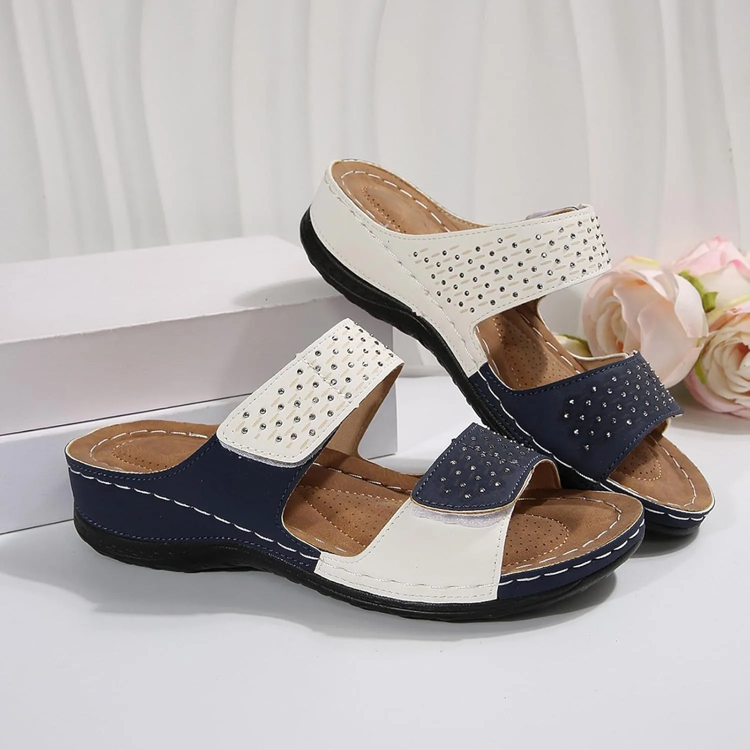 Orthopedic Wedge Sandals for Women Dressy Summer Comfortable Walking Open Toe Slip On Low Heel Flats Sandals with Arch Support Fishmouth Beach Orthotic Slippers Breathable Outdoor Trendy Slippers