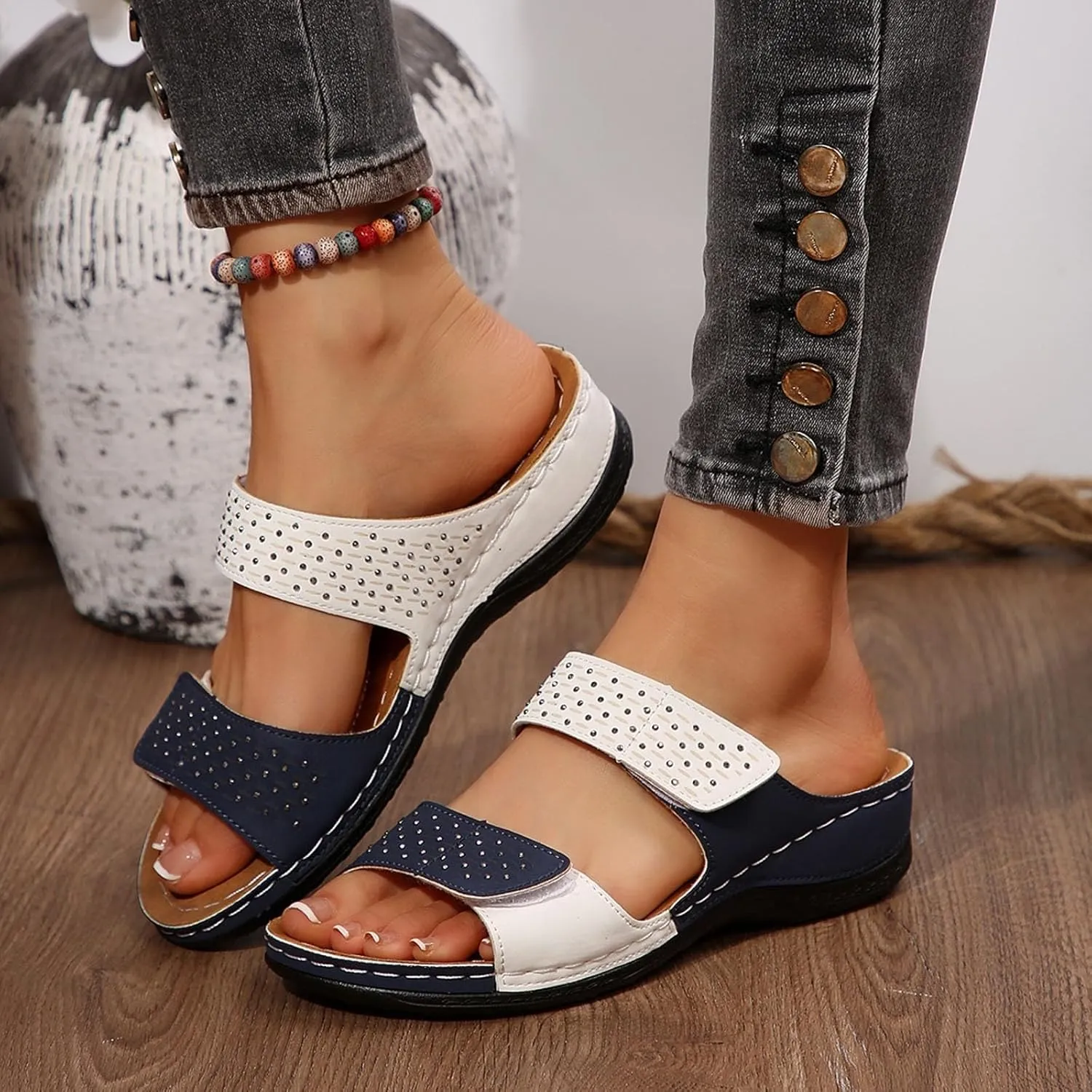 Orthopedic Wedge Sandals for Women Dressy Summer Comfortable Walking Open Toe Slip On Low Heel Flats Sandals with Arch Support Fishmouth Beach Orthotic Slippers Breathable Outdoor Trendy Slippers