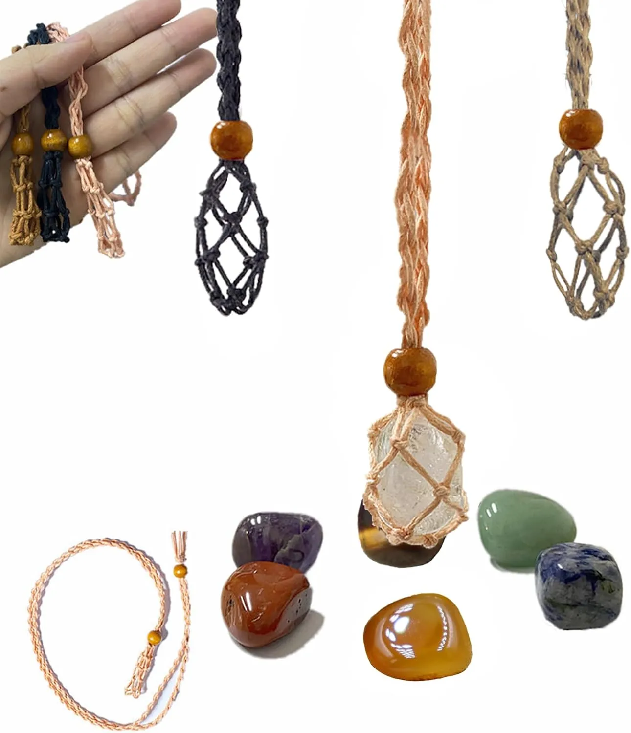 ouy 10 PCS Crystal Necklace Holder Adjustable Stone Holder Cage with Chakra Stones Handmade Healing Crystals Pouch Rope Necklaces Set for Women