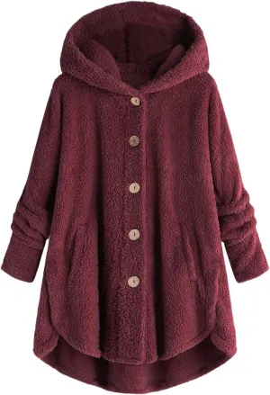 Oversized Sherpa Sweatshirt Fuzzy Fleece Soft Warm Pullover Sweater Button Hoodie Pocket Plush Coat
