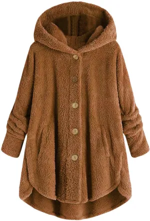 Oversized Sherpa Sweatshirt Fuzzy Fleece Soft Warm Pullover Sweater Button Hoodie Pocket Plush Coat