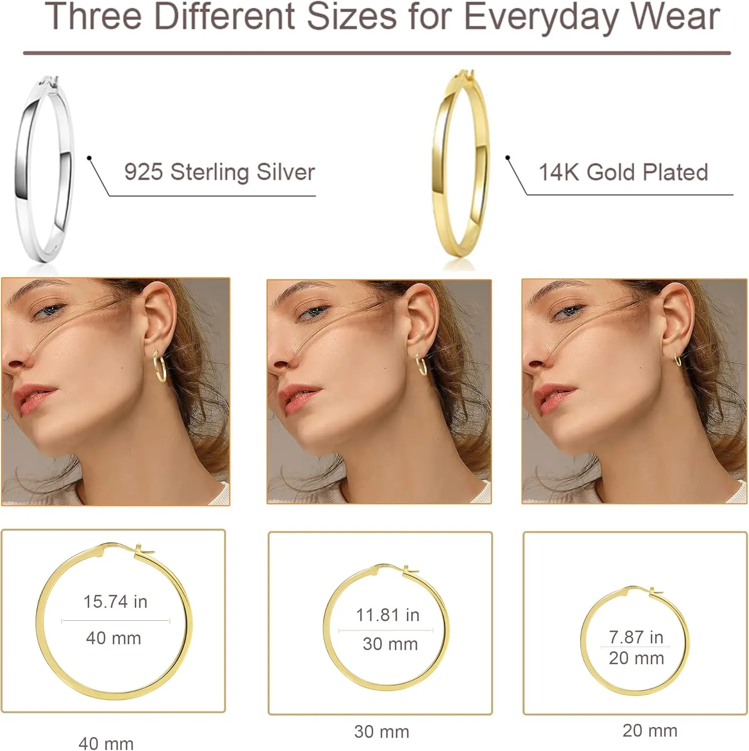 PABBEU Sterling Silver Hoop Earrings, 3 Pair Lightweight Small & Medium Silver Hoop Earrings, Hypoallergenic 20mm & 30mm