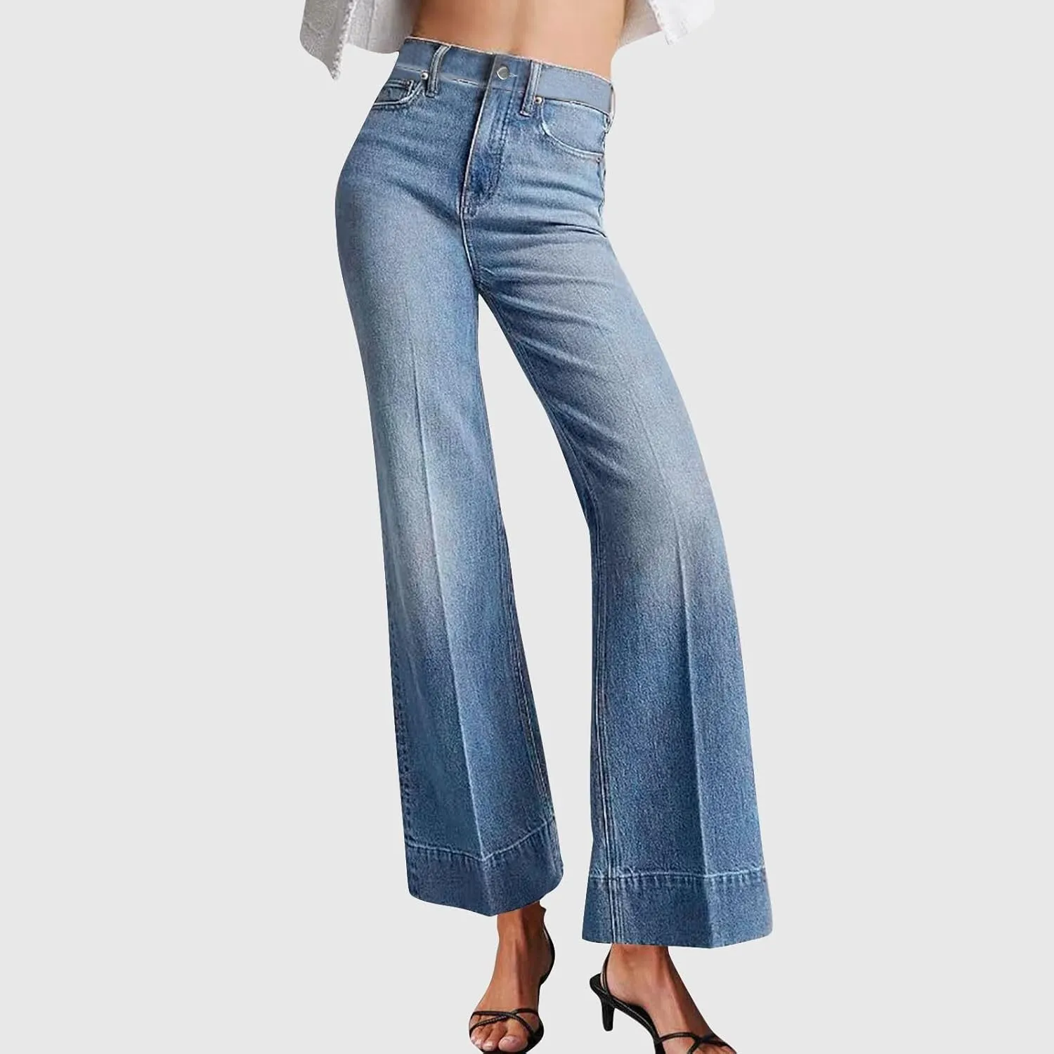 Palazzo Denim Pants for Women Trendy Going Out Washed Distressed Jeans High Waisted Flared Bell Bottom Jeans Pants