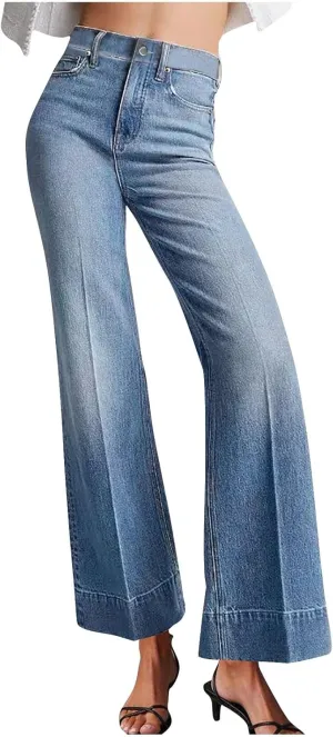Palazzo Denim Pants for Women Trendy Going Out Washed Distressed Jeans High Waisted Flared Bell Bottom Jeans Pants