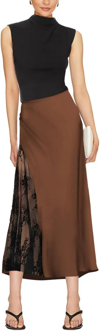 Pasgreson Women's Satin Midi Skirt Low Waisted Side Lace A Line Long Skirts Silk Flowy Elegant Work Party Skirts
