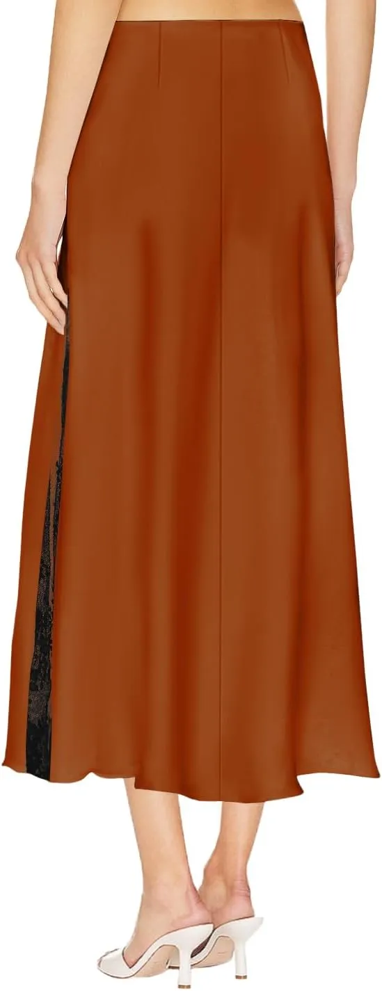 Pasgreson Women's Satin Midi Skirt Low Waisted Side Lace A Line Long Skirts Silk Flowy Elegant Work Party Skirts