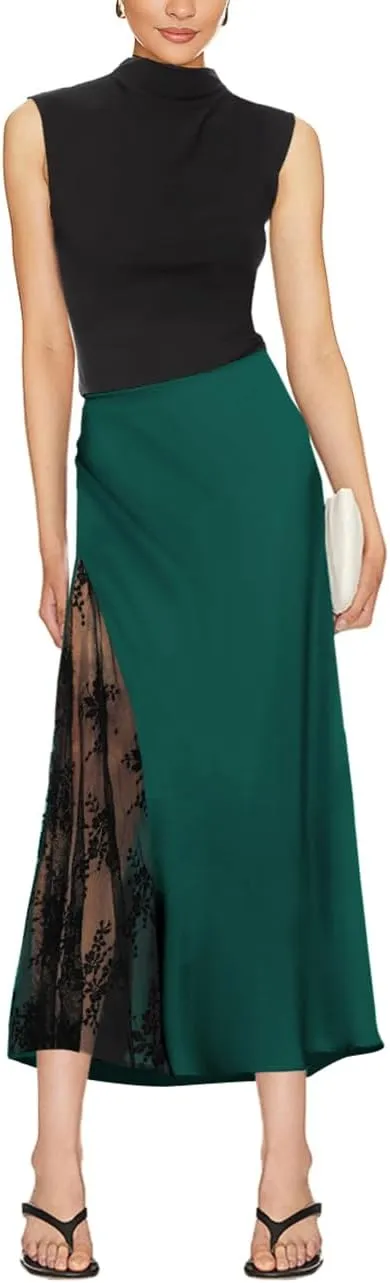 Pasgreson Women's Satin Midi Skirt Low Waisted Side Lace A Line Long Skirts Silk Flowy Elegant Work Party Skirts