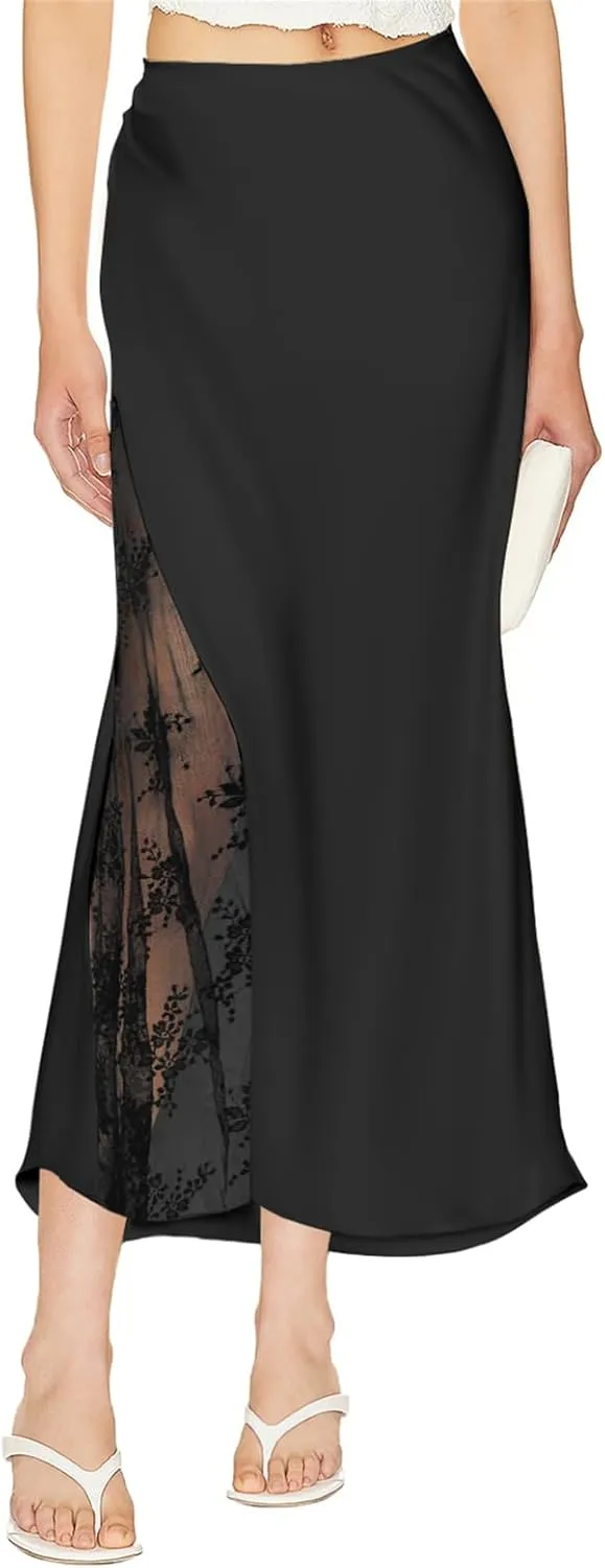 Pasgreson Women's Satin Midi Skirt Low Waisted Side Lace A Line Long Skirts Silk Flowy Elegant Work Party Skirts