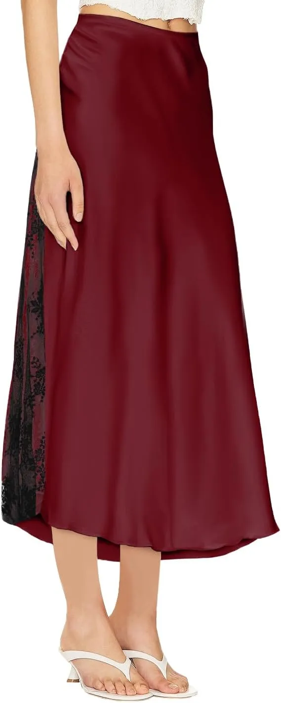 Pasgreson Women's Satin Midi Skirt Low Waisted Side Lace A Line Long Skirts Silk Flowy Elegant Work Party Skirts